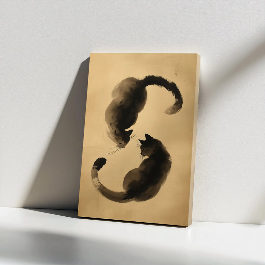 Yin Yang Black Cat Wall Art | Japanese Sumi-e Ink Wash Style | Premium Gallery-Wrapped Canvas | Zen Home Decor Gift for Cat Lovers