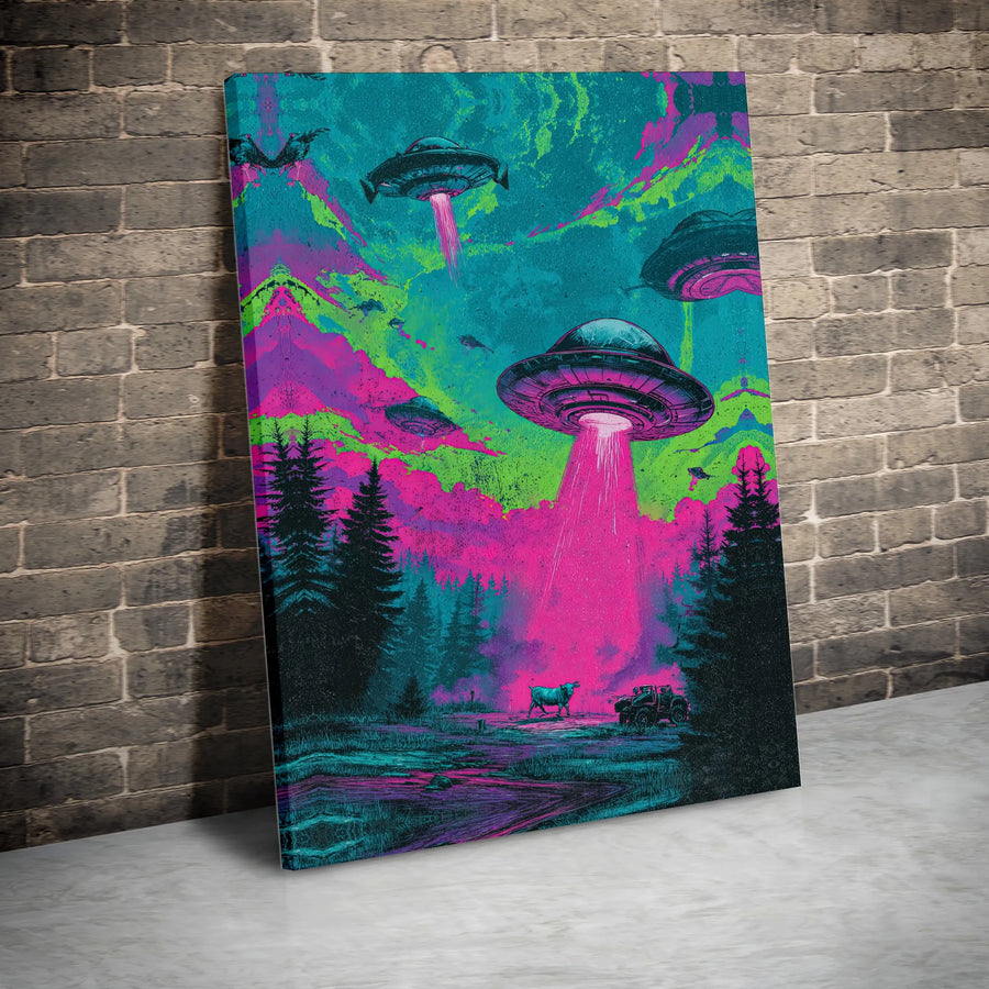 UFO Alien Abduction Canvas Print | Vibrant Sci-Fi Cow Abduction Scene | Premium Gallery Wrapped Canvas | Gift for Sci-Fi & UFO Fans
