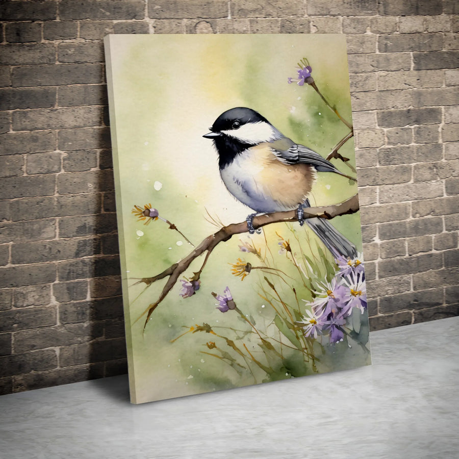 Watercolor Black-Capped Chickadee Wall Art | Botanical Bird Illustration Print | Premium Gallery-Wrapped Canvas | Bird Lover Home Decor Gift