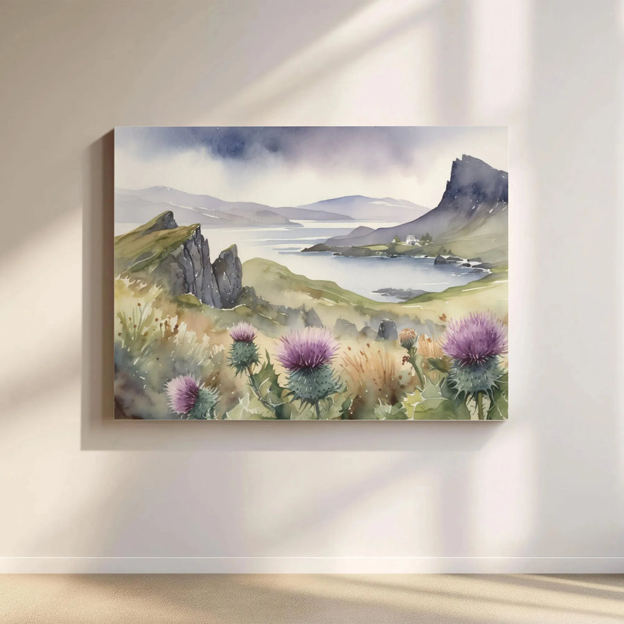 Scottish Highlands Canvas Print | Watercolor Thistle Landscape Art | Premium 1.25" Thick Profile | Modern Farmhouse Wall Decor Gift