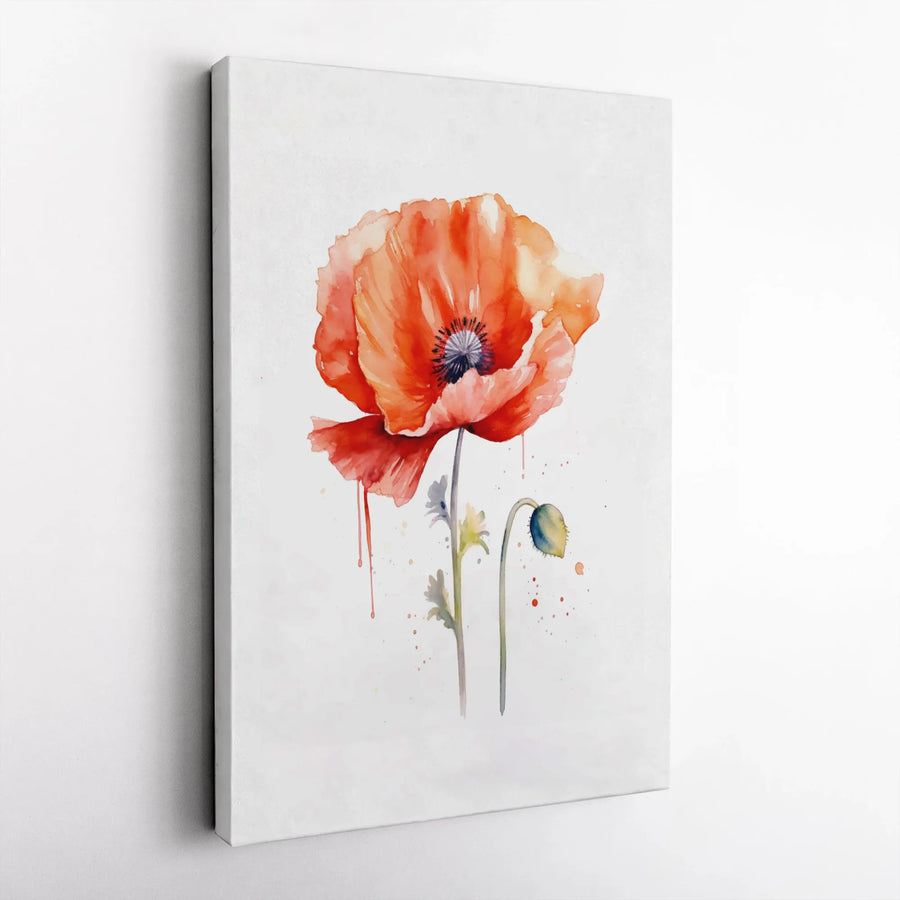 Red Poppy Flower Canvas Wall Art | Watercolor Botanical Print | Premium Gallery Wrapped Decor | Modern Minimalist Floral Gift for Living Room