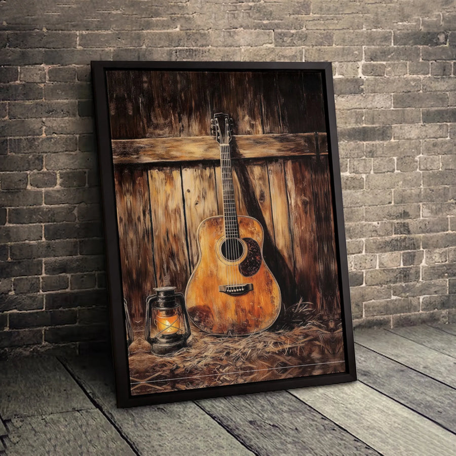 Rustic Acoustic Guitar Canvas Art | Vintage Barn Lantern Wall Decor | Premium Gallery Wrap Print | Music Lover Gift Home Interior