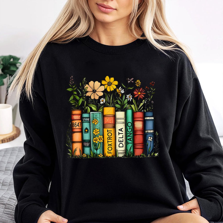 Floral Book Stack Sweatshirt | 8647 Delta Tango Aesthetic | Soft Cotton Blend Crewneck | Feminist Protest Gift for Readers
