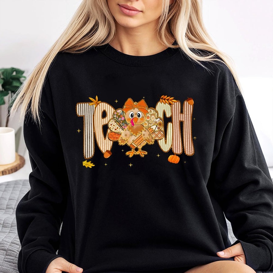 Teacher Turkey Sweatshirt | Preppy Fall Thanksgiving Design | Premium Cotton Blend Crewneck | Cute Teacher Gift for Women
