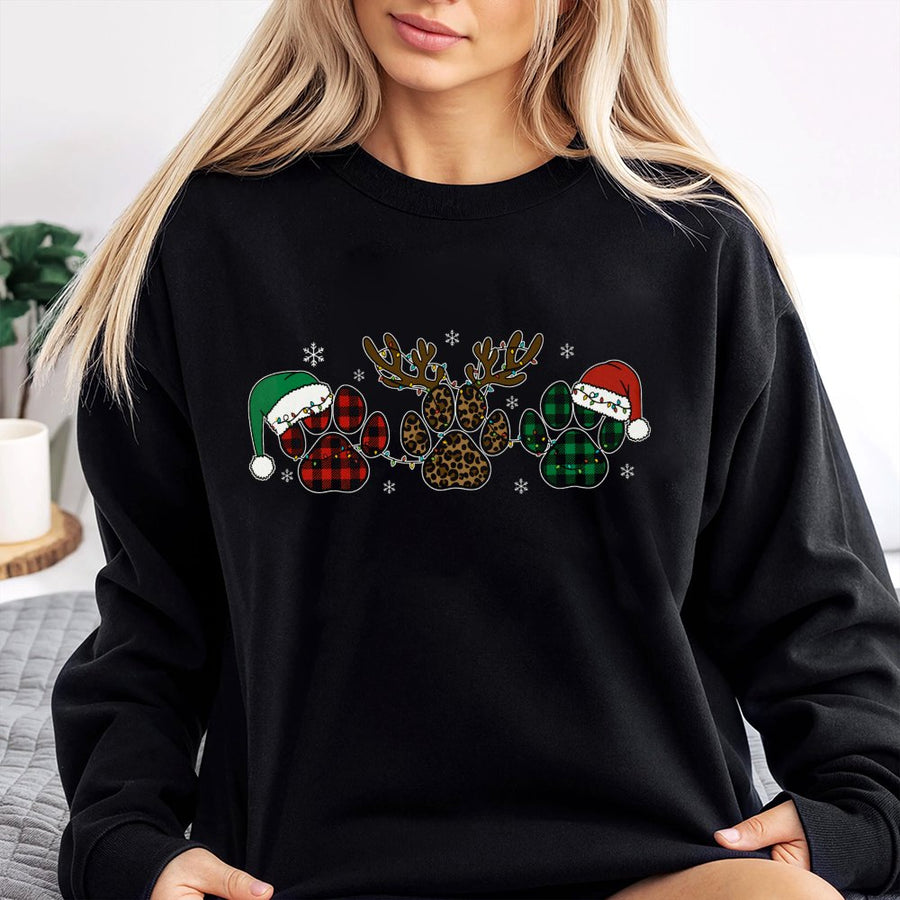 Christmas Dog Paw Sweatshirt | Buffalo Plaid Leopard Print Santa Hat Design | Premium Cotton Blend | Holiday Gift For Dog Lovers