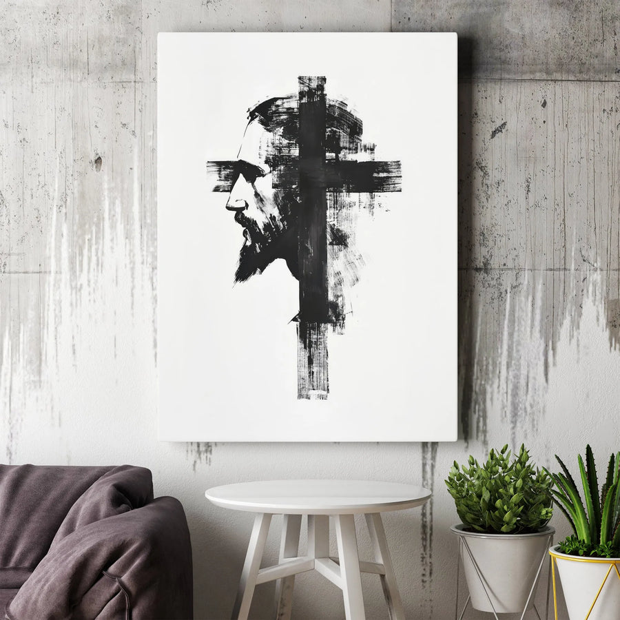 Jesus Christ Canvas Wall Art | Abstract Brushstroke Cross Portrait | Premium Gallery Wrap Canvas | Spiritual Home Decor Gift