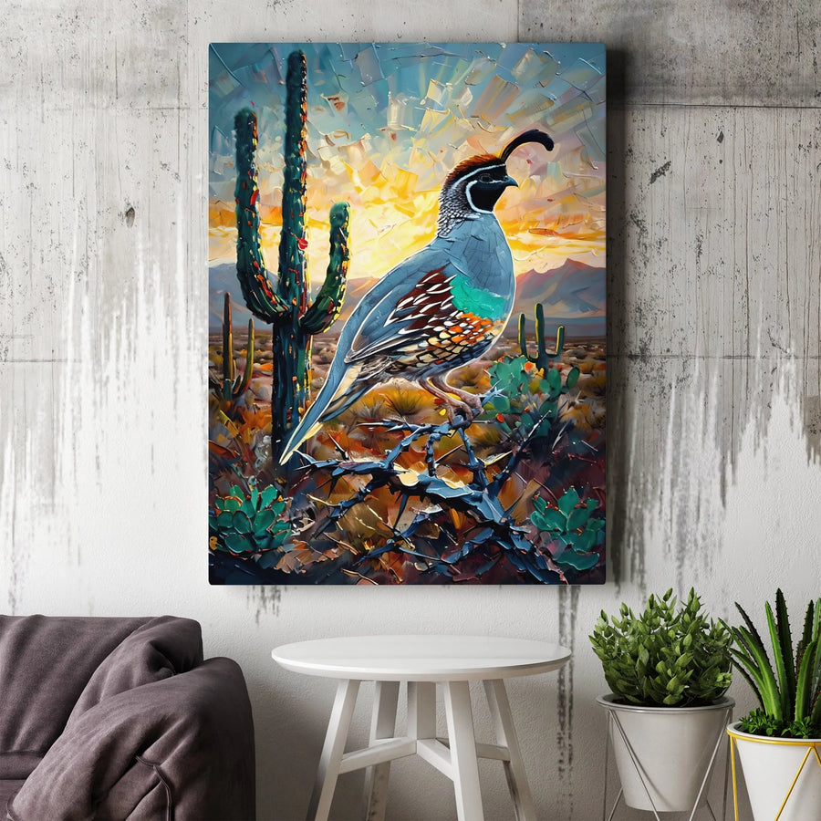 Desert Quail Wall Art | Impasto Saguaro Cactus Canvas Print | Gallery-Quality 1.25 Inch Profile | Southwestern Home Decor Gift