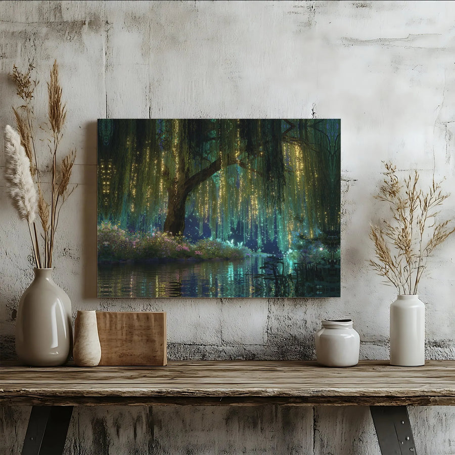 Enchanted Willow Tree Canvas Art | Glowing Fairy Lights Forest Landscape | Premium Gallery-Wrapped Decor | Whimsical Nature Wall Print for Home