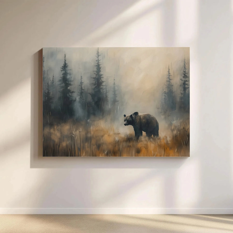 Grizzly Bear Wall Art | Misty Pine Forest Oil Painting Style | Premium 1.25" Gallery Canvas | Rustic Nature Lover Gift