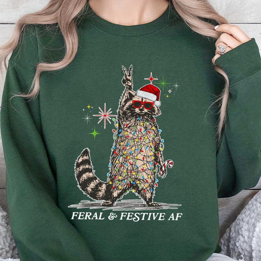 Feral & Festive AF Raccoon Sweatshirt | Funny Christmas Lights Graphic | Premium Cotton-Poly Blend | Unisex Holiday Gift for Raccoon Lovers