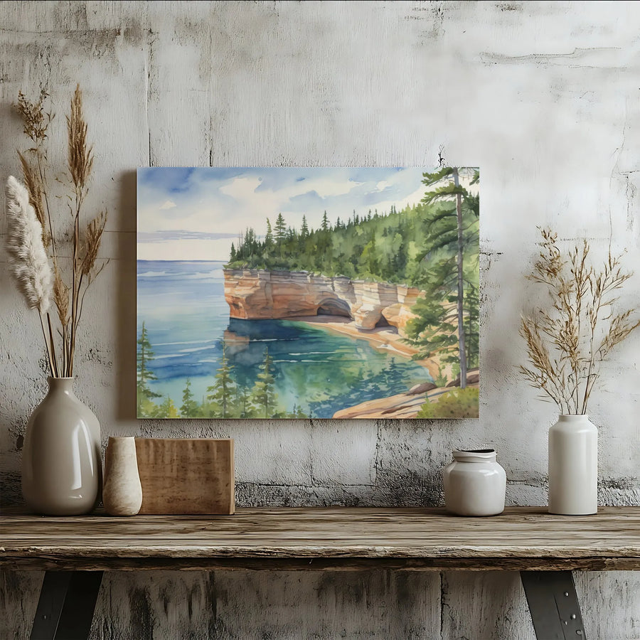 Pictured Rocks National Lakeshore Wall Art | Watercolor Michigan Landscape Print | Premium Gallery Wrapped Canvas | Nature Lover Home Decor Gift