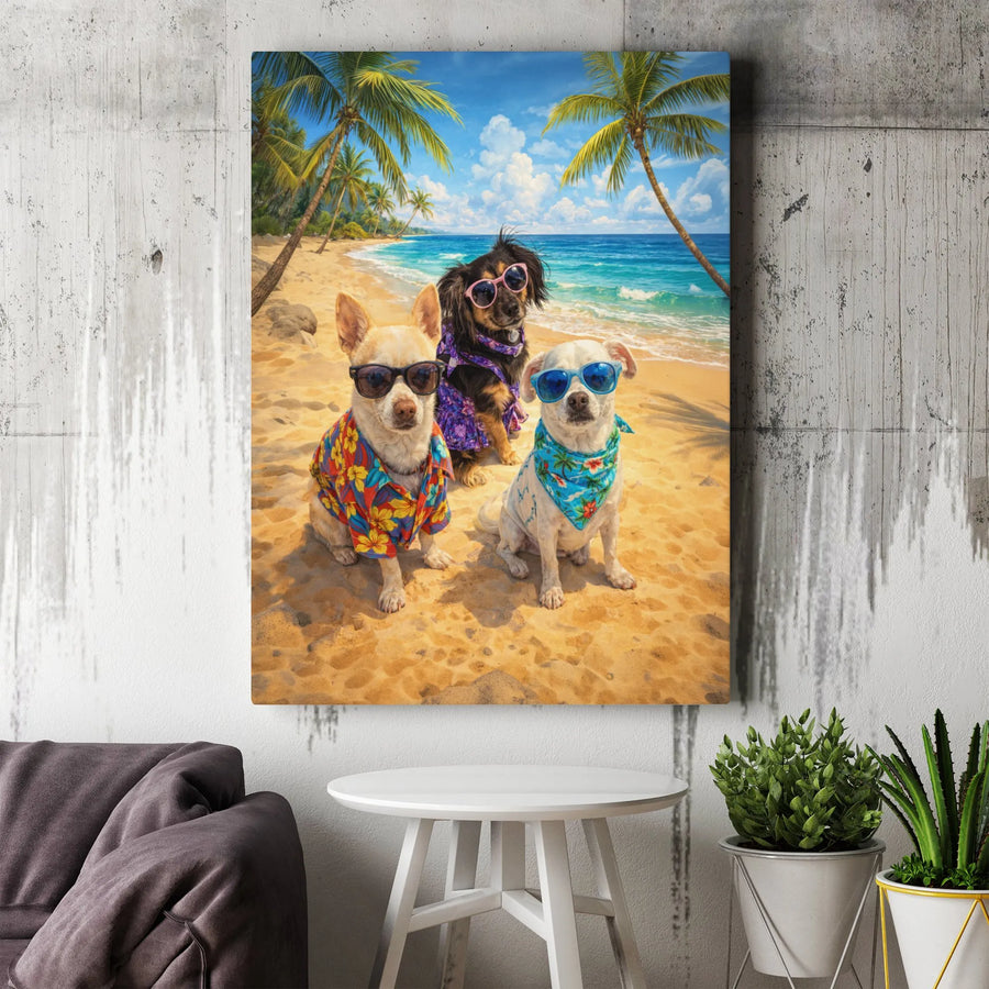 Funny Dog Beach Canvas Wall Art | Dogs in Sunglasses on Tropical Beach | Premium Fade-Resistant Print | Unique Gift for Dog Mom and Pet Lovers