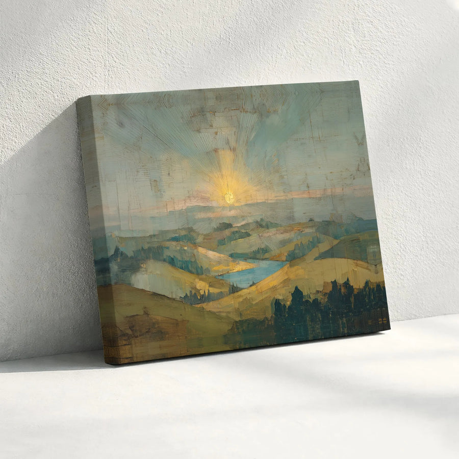 Sunrise Over Hills Canvas Print | Abstract Textured Landscape Painting | Gallery Wrapped 1.25" Deep Canvas | Modern Farmhouse Living Room Wall Decor Gift