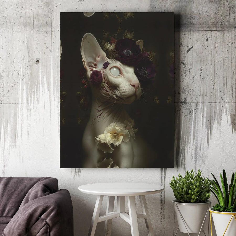 Gothic Sphynx Cat Canvas Art | Dark Floral Crown Wall Decor | Premium Fade-Resistant Print | Moody Witchy Home Aesthetic Gift