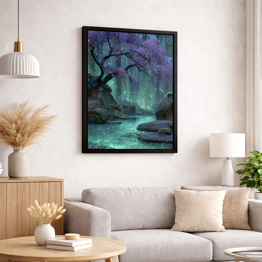 Enchanted Forest Wall Art | Magical Glowing River & Purple Blossom Tree Print | Premium Gallery-Wrapped Canvas | Whimsical Home Decor Gift