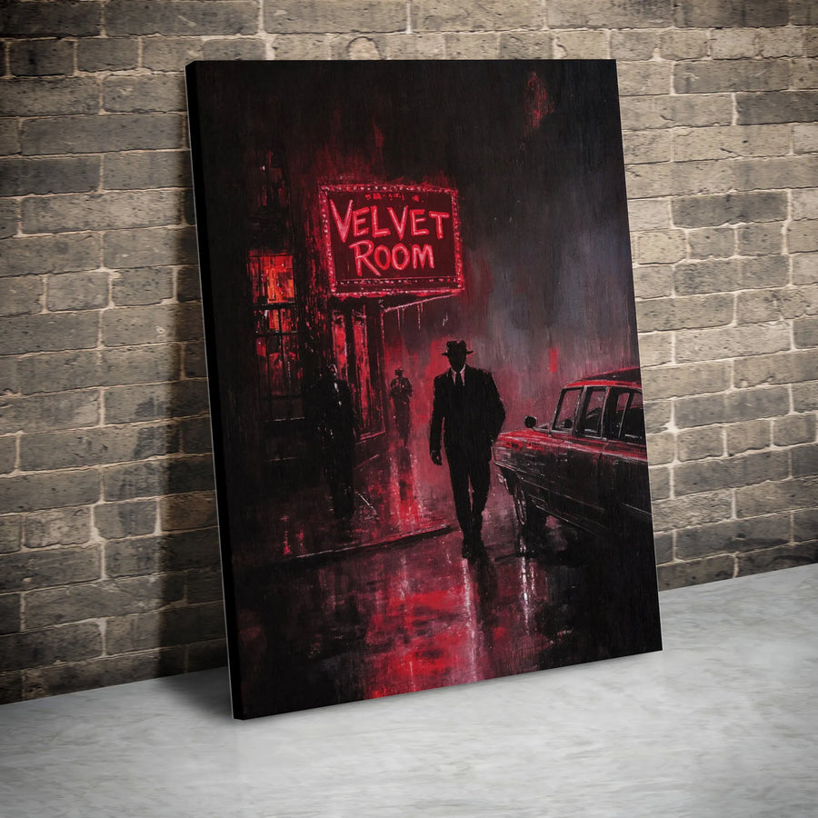 Film Noir Wall Art | Velvet Room Neon Sign Gangster Canvas Print | Premium Gallery Wrapped Decor | Moody Detective Aesthetic for Office