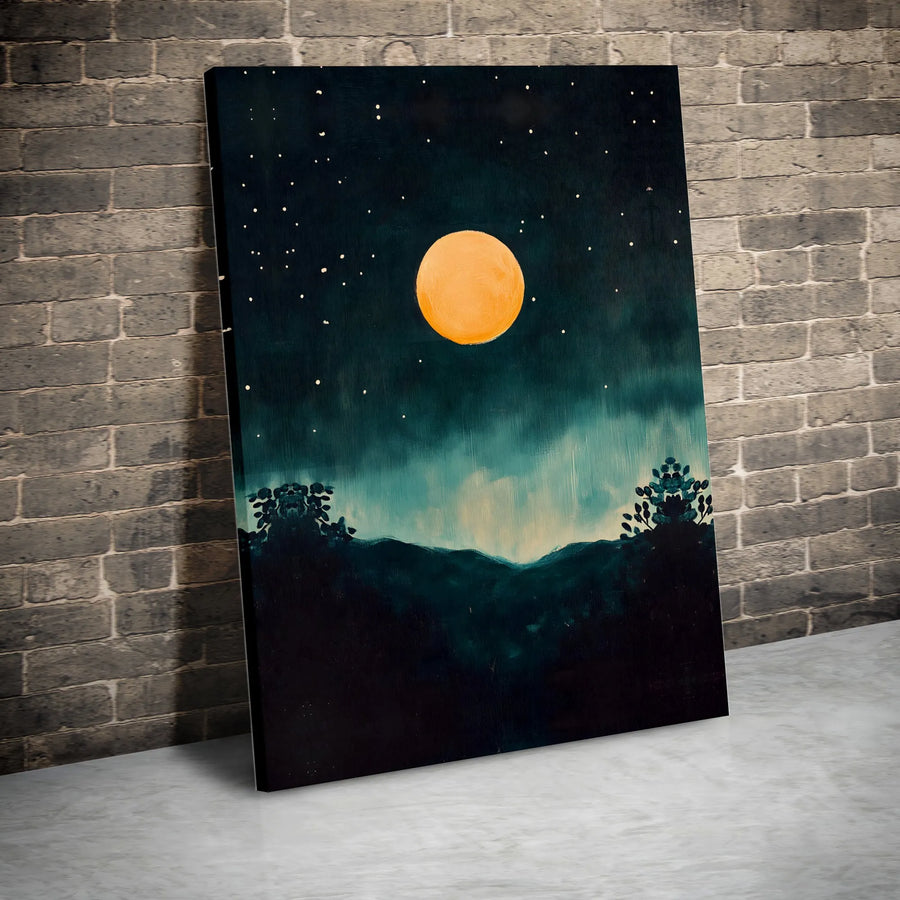 Full Moon Night Landscape Canvas | Minimalist Starry Night Wall Art | Premium Gallery-Wrap 1.25" Profile | Modern Home & Bedroom Decor Gift