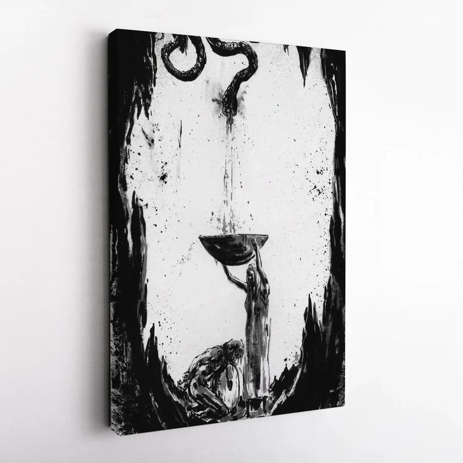 Norse Mythology Canvas Print | Loki and Sigyn Ink Art Illustration | Premium Thick Gallery Wrap | Collector's Viking Home Decor