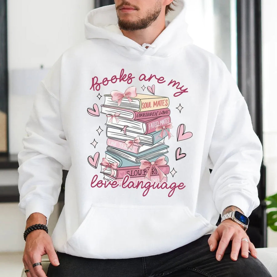 Books Are My Love Language Hoodie | Aesthetic Book Stack Graphic | Soft Cotton Blend Sweatshirt | Gift for Readers, Bookworms, and Librarians