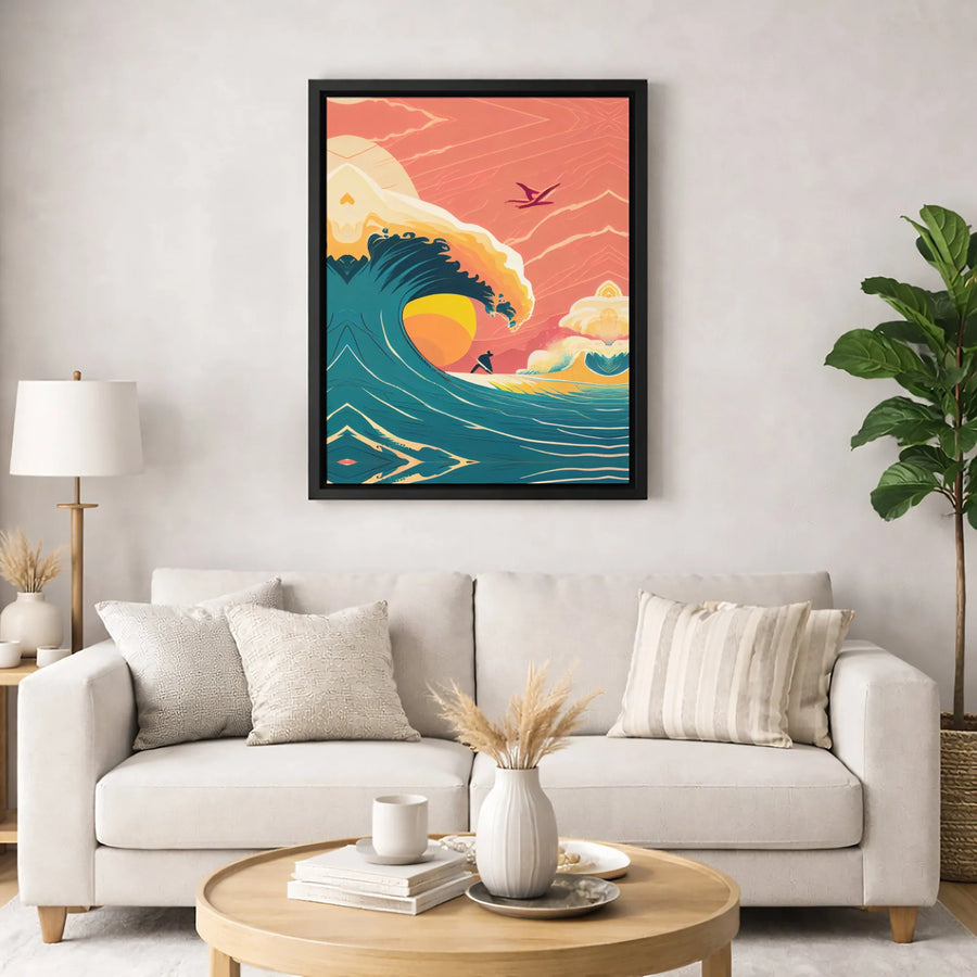 Surfing Ocean Wave Wall Art | Stylized Sunset Surfboard Print | 1.25 Inch Premium Gallery Canvas | Coastal Beach House Decor For Surfer Gift