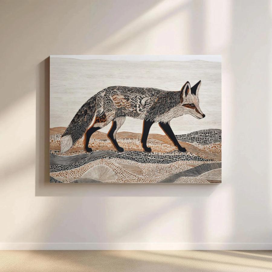 Stylized Fox Canvas Wall Art | Linocut Style Woodland Animal Print | Premium Gallery Wrapped Canvas | Modern Farmhouse Decor Gift for Nature Lover
