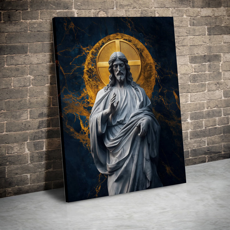 Jesus Christ Canvas Print | Religious Marble Statue Art with Gold Halo | Premium 1.25" Gallery Wrap | Spiritual Home Wall Decor Gift