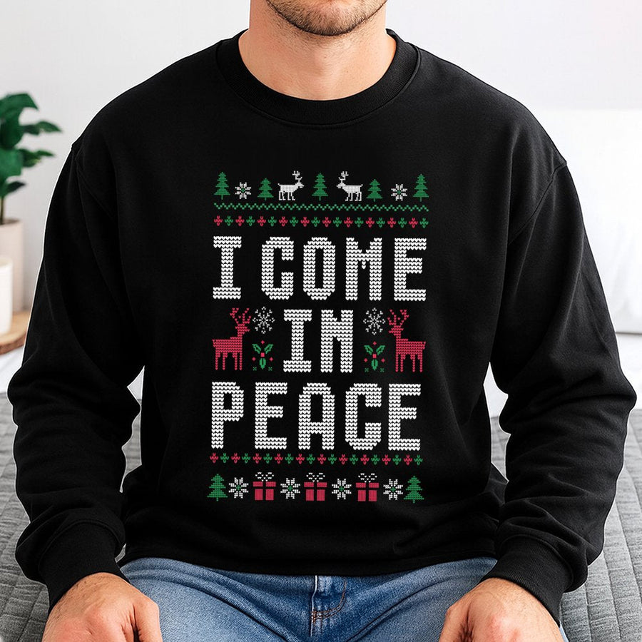 I Come In Peace Ugly Christmas Sweatshirt | Funny Alien Holiday Graphic Tee | Soft Cotton Blend Unisex Pullover | Festive Gift for Men and Women