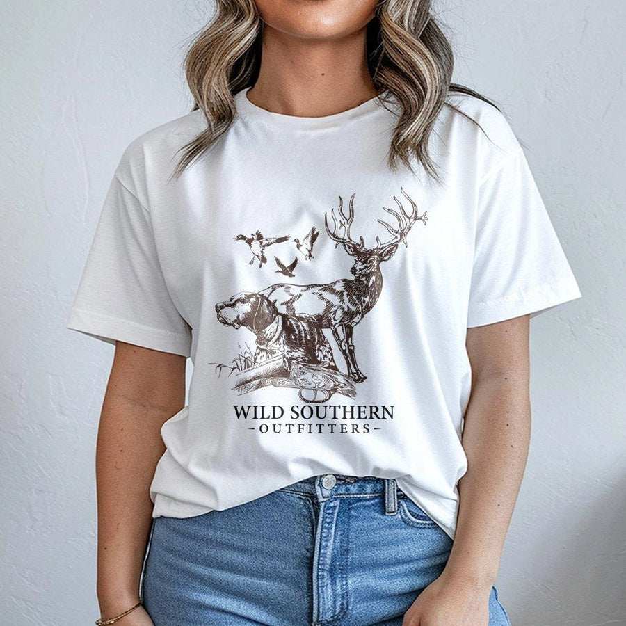 Hunting T-Shirt | Whitetail Deer and Dog Graphic | Premium Soft Cotton | Outdoorsman Gift for Hunters