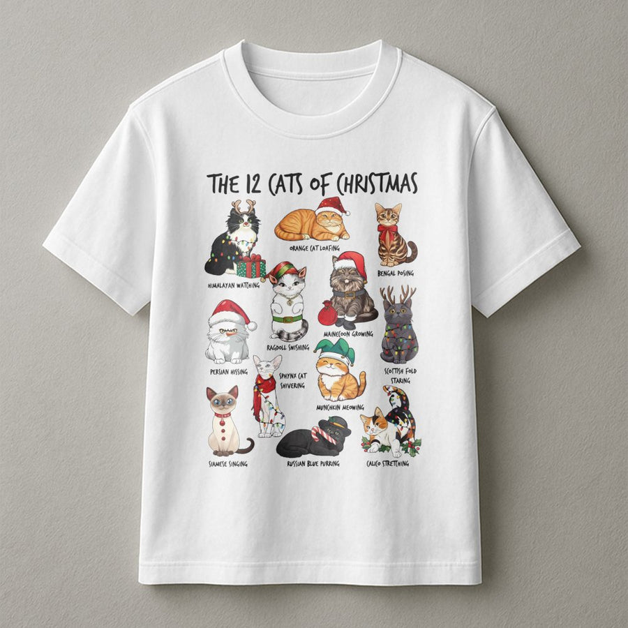 12 Cats of Christmas T-Shirt | Festive Feline Holiday Graphic Tee | Premium 100% Cotton | Cute Cat Lover Christmas Gift for Women and Men