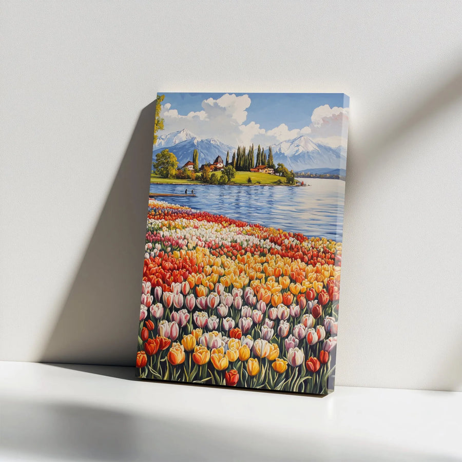 Tulip Field Vertical Canvas | Colorful Floral Landscape Painting with Mountain Lake | Premium Thick Gallery Wrap | Living Room Wall Art & Housewarming Gift