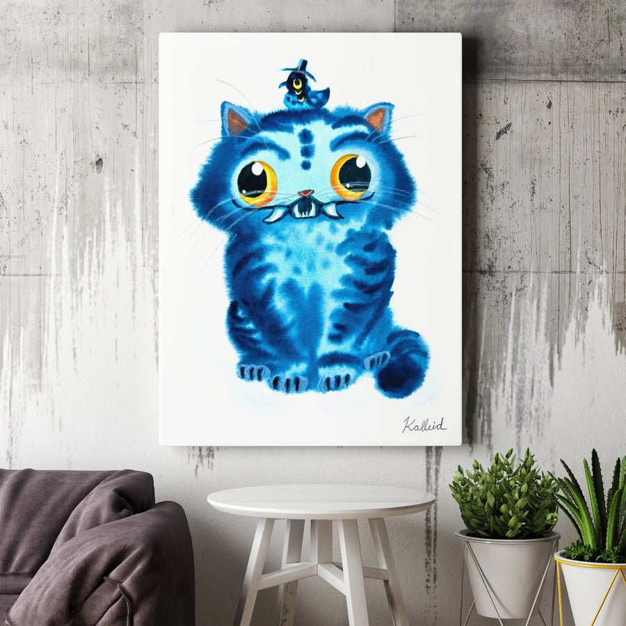 Whimsical Blue Cat Canvas Art | Cute Saber-Toothed Kitten Watercolor Painting | Premium Gallery Wrap Wall Decor | Unique Gift for Animal Lovers