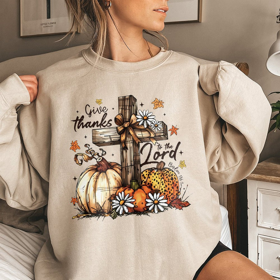 Give Thanks To The Lord Sweatshirt | Christian Faith Fall Pumpkin Graphic | Premium Cotton-Poly Blend | Religious Autumn Gift For Her