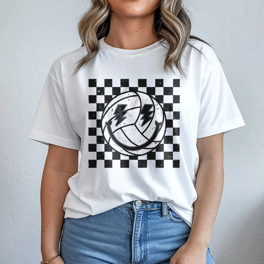 Retro Volleyball T-Shirt | Checkered Smiley Lightning Bolt Graphic | Premium 100% Cotton Tee | Gift for Volleyball Player, Mom, and Team Fan