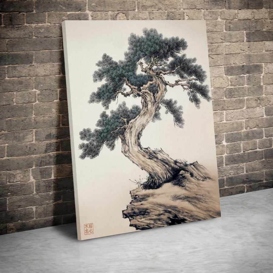 Traditional Ink Wash Pine Tree Canvas Wall Art | Zen Asian Landscape Painting | Premium Gallery Wrap Print | Serene Home Office Decor Gift