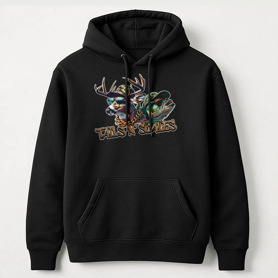 Tails N Scales Hunting Fishing Hoodie | Funny Deer Bass Graphic Print | Premium Cotton Blend | Gift For Outdoor Hunters And Anglers