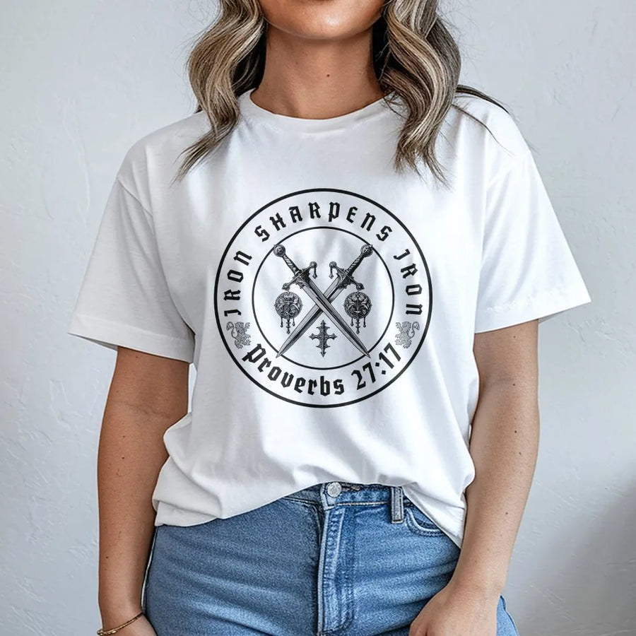 Iron Sharpens Iron T-Shirt | Proverbs 27:17 Crossed Swords Graphic | Premium Cotton Blend | Christian Gift for Men