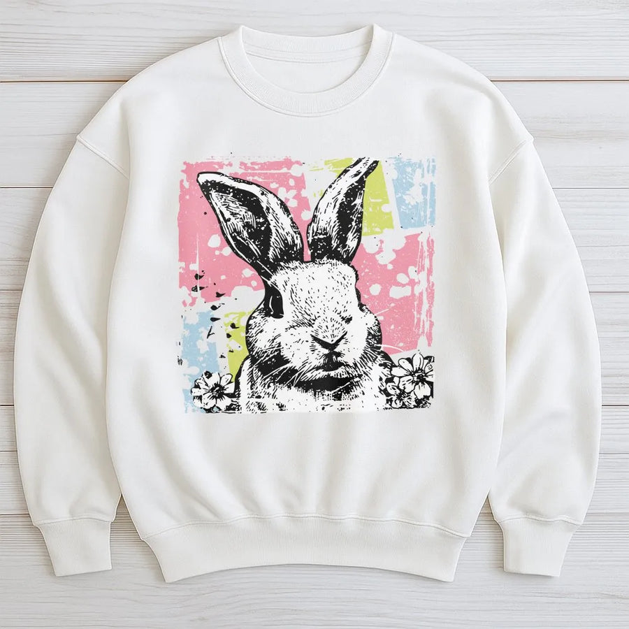 Rabbit Easter Sweatshirt | Distressed Pop Art Bunny Graphic | Premium Cotton Blend Crewneck | Cute Spring Holiday Gift For Women And Men