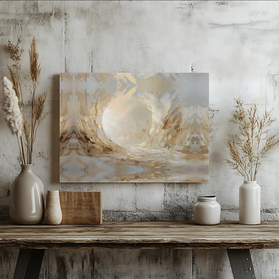 Abstract Sunlit Cave Canvas Wall Art | Golden Light Earth Tone Landscape | Premium 1.25-Inch Gallery Wrap | Modern Home Decor Gift