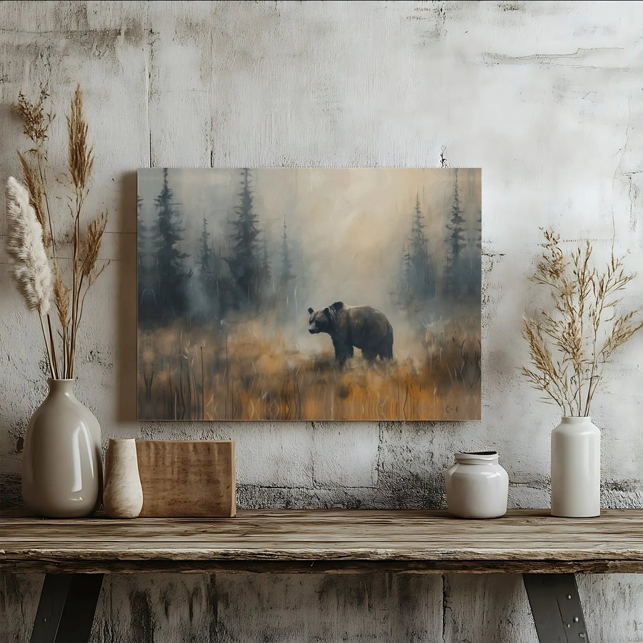 Brown Bear Wall Art | Misty Pine Forest Oil Painting Style | Premium Gallery Wrapped Canvas | Wildlife Nature Decor For Home Or Office
