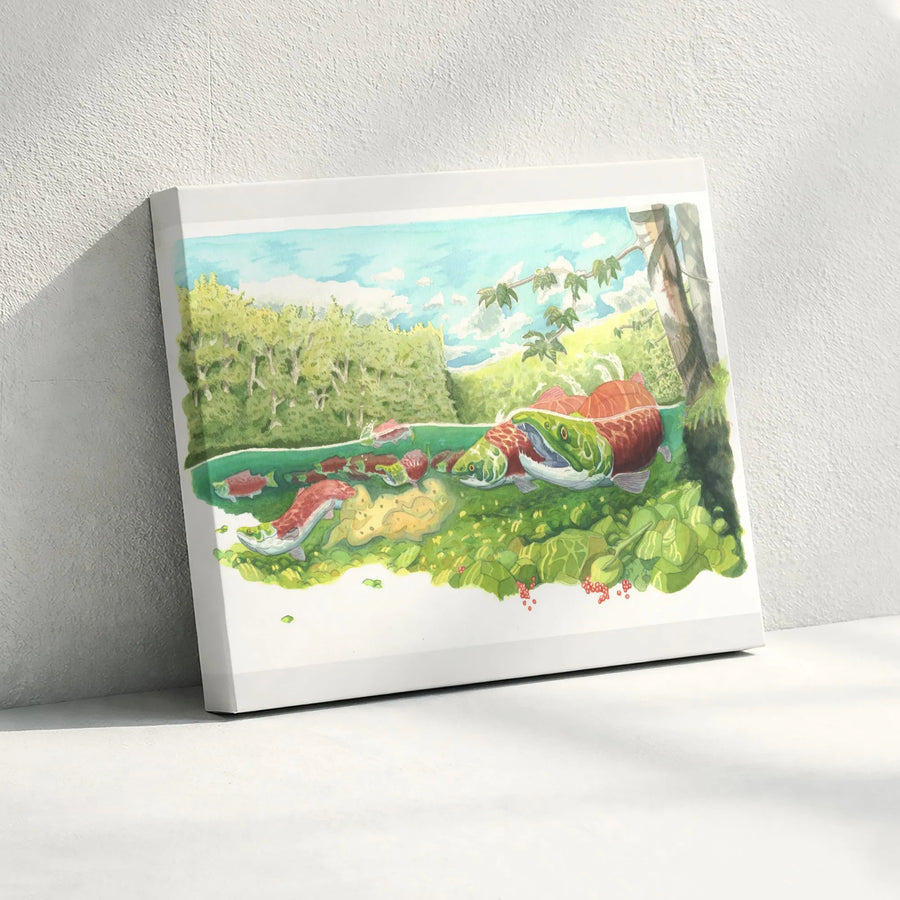 Sockeye Salmon Run Canvas Art | Watercolor River Wildlife Scene | Thick Gallery Wrap Canvas | Premium Gift for Fisherman & Cabin Decor