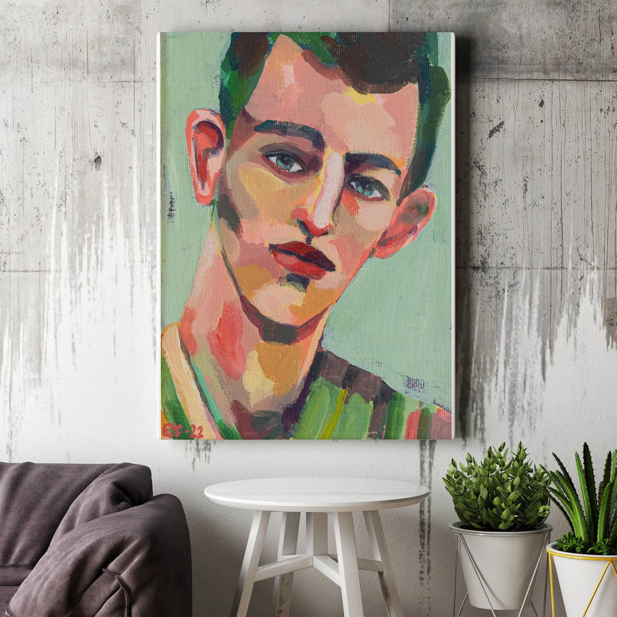 Abstract Male Portrait Vertical Canvas | Colorful Expressionist Painting | Premium 1.25" Thick Gallery Wrap | Modern Home Decor Gift
