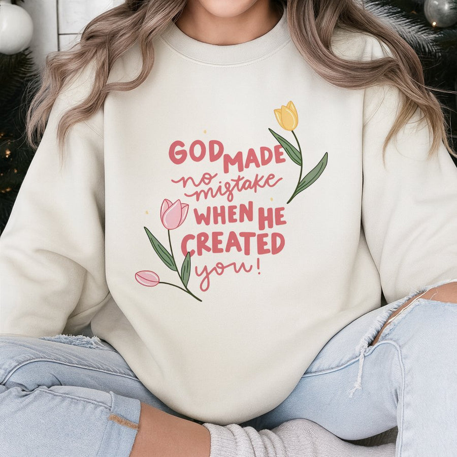 God Made No Mistake Sweatshirt | Floral Christian Faith Design | Cotton Blend Crewneck | Inspirational Religious Gift For Her