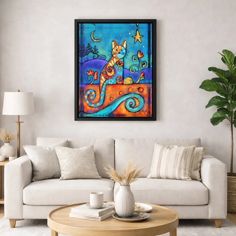 Whimsical Cat Wall Art | Colorful Folk Art Style Illustration | Gallery-Quality Premium Canvas | Unique Animal Lover Gift for Home Decor