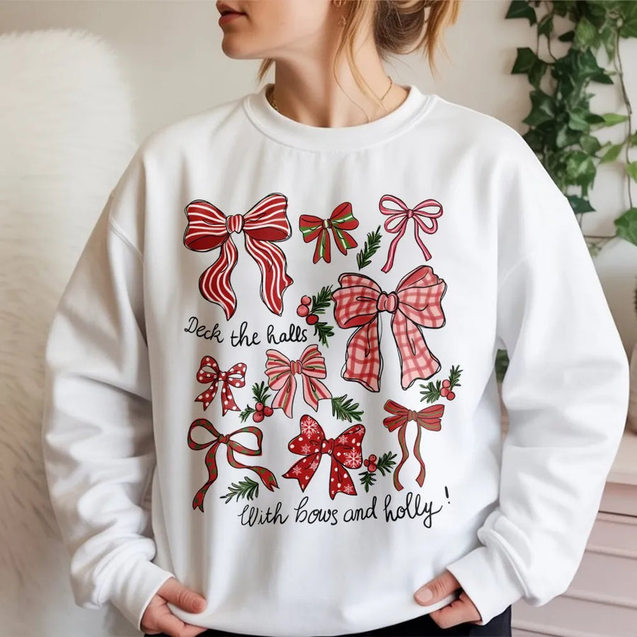 Christmas Bow Sweatshirt | Festive Holiday Ribbon Graphic | Soft Cotton Blend Crewneck | Cozy Winter Gift for Women