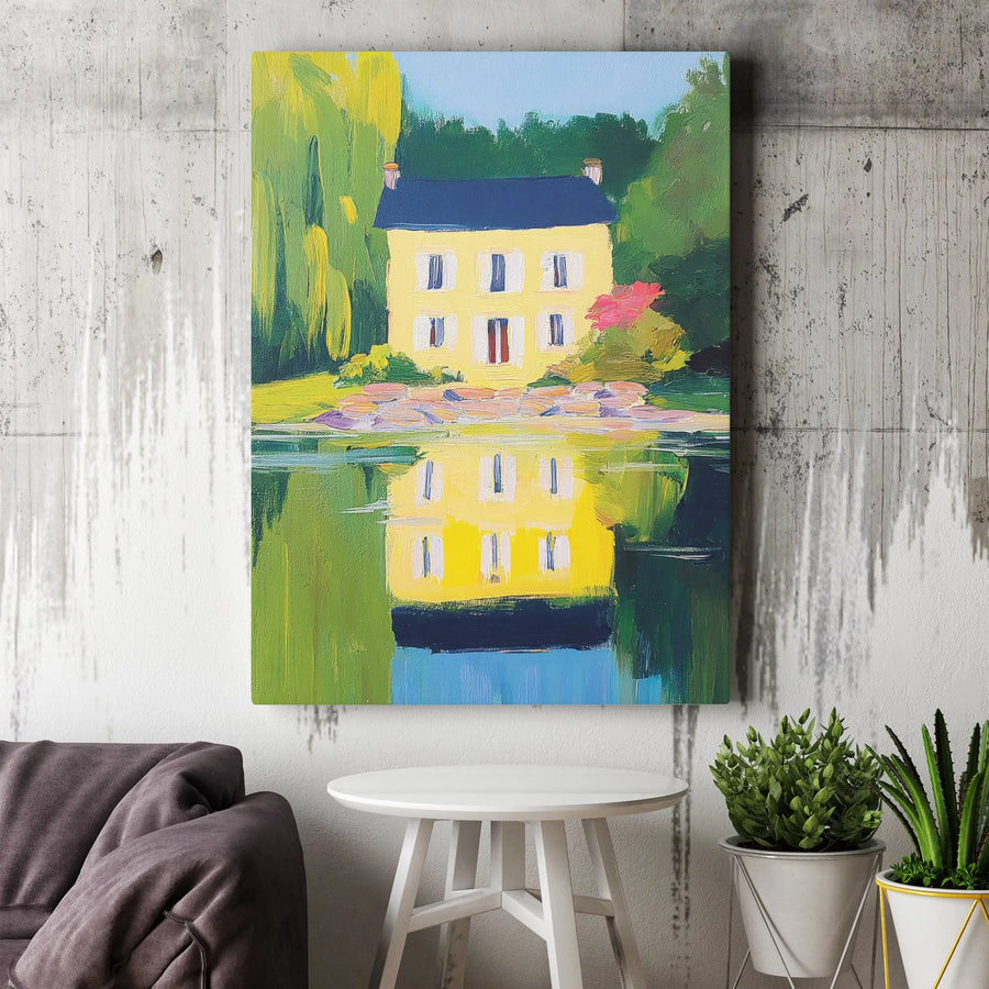 Impressionist Lake House Canvas Wall Art | Vibrant Oil Painting Style Print with Water Reflection | Premium Thick Gallery Wrap | Modern Home Decor Gift for Art Lover