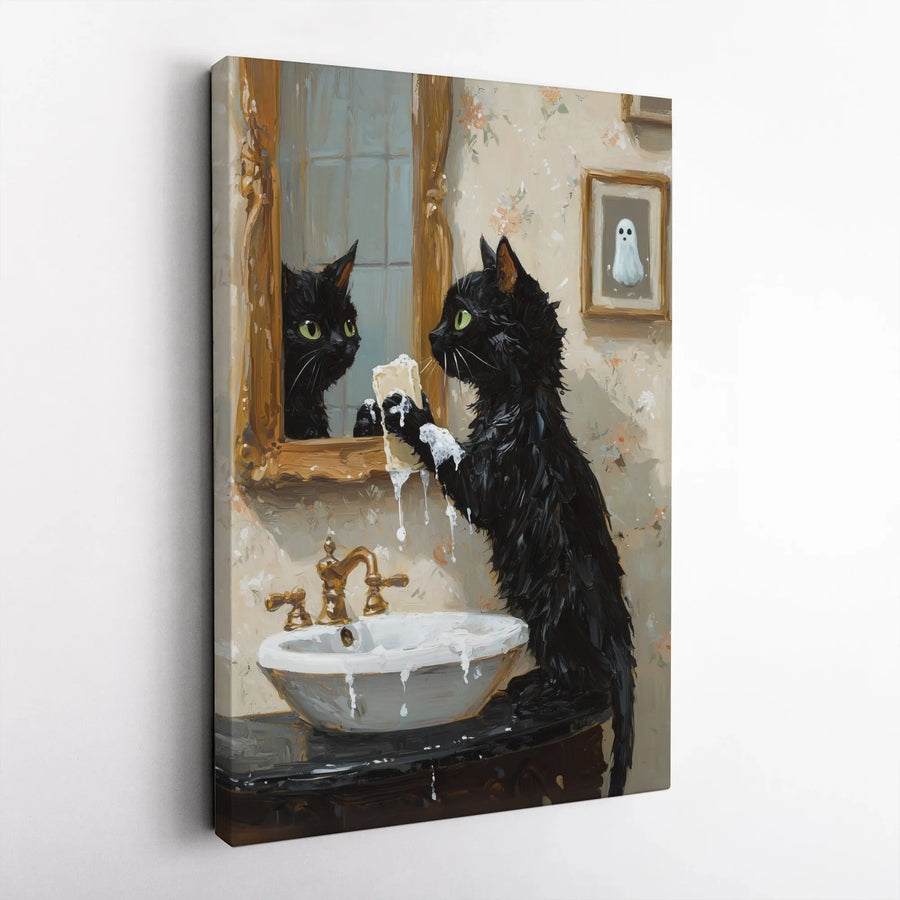 Black Cat Washing Face Canvas Print | Whimsical Bathroom Decor Art | Premium Fade-Resistant Gallery Wrap | Unique Gift for Cat Lovers