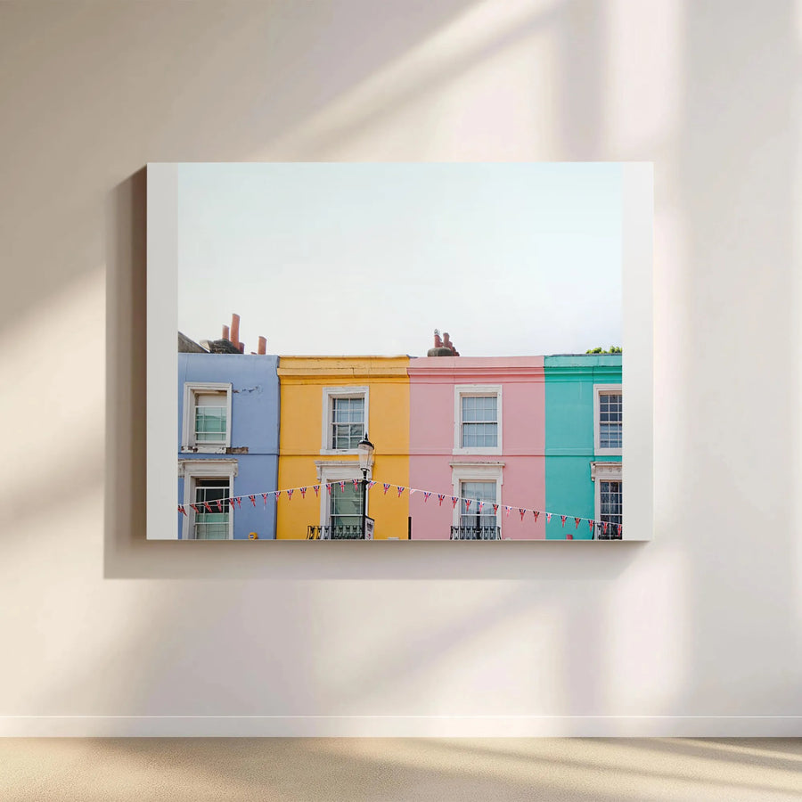 Colorful Notting Hill Houses Canvas Wall Art | Pastel London Street Photography | Premium 1.25" Thick Gallery Wrap | UK Travel Lover Home Decor Gift