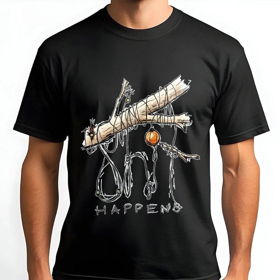 Fishing T-Shirt S#!T Happens | Funny Tangled Line Graphic Design | Premium Soft Cotton Unisex Tee | Gift for Fishermen & Outdoor Enthusiasts