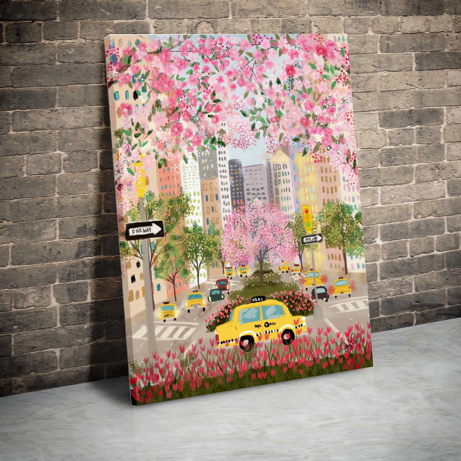 NYC Park Avenue Canvas Wall Art | Whimsical Spring Painting with Cherry Blossoms | Premium Gallery Wrapped Print | Collector's Gift for New York Lover