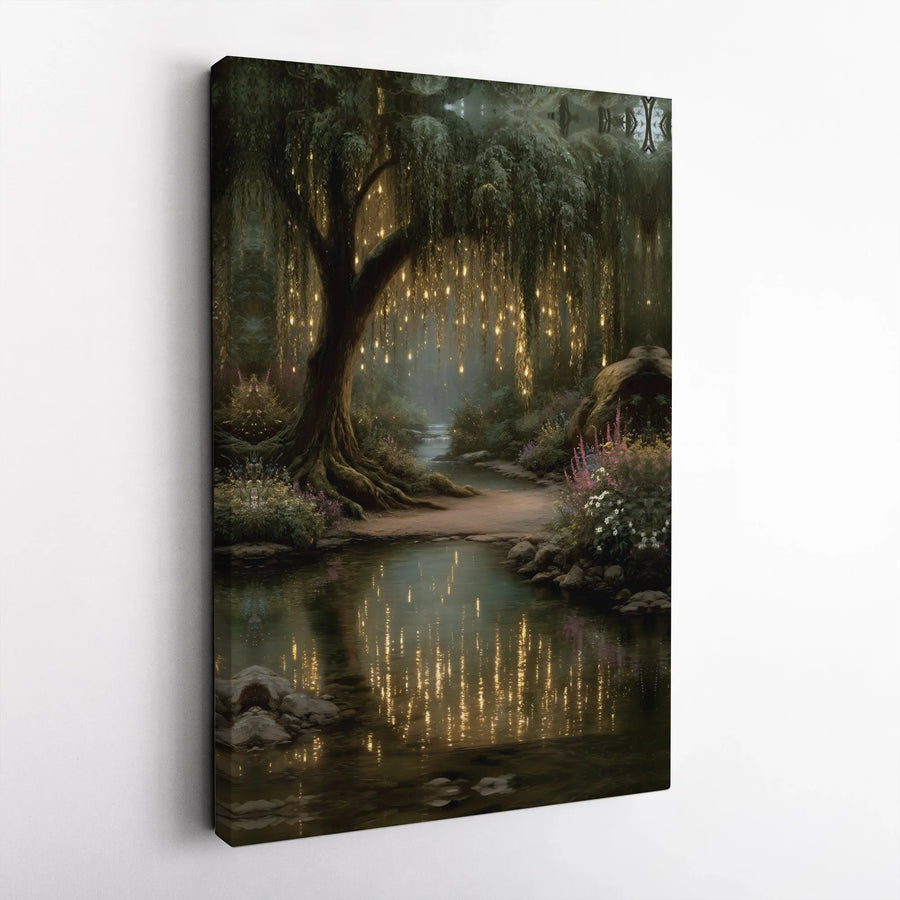 Enchanted Forest Canvas Wall Art | Glowing Weeping Willow & River Print | Premium Gallery Wrapped Canvas | Fantasy Bedroom Decor Gift